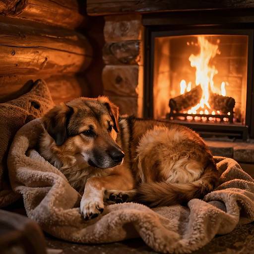Photograph of a cozy, brown, fluffy dog sleeping by a roaring fireplace in a log cabin, wrapped in a soft, beige blanket. Warm,