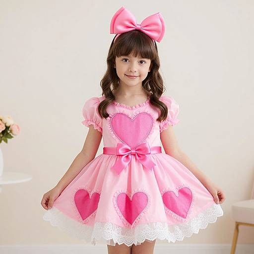 Photograph of a smiling young girl with dark hair, wearing a pink heart-patterned dress, pink bow headband, lace trim, and standing in