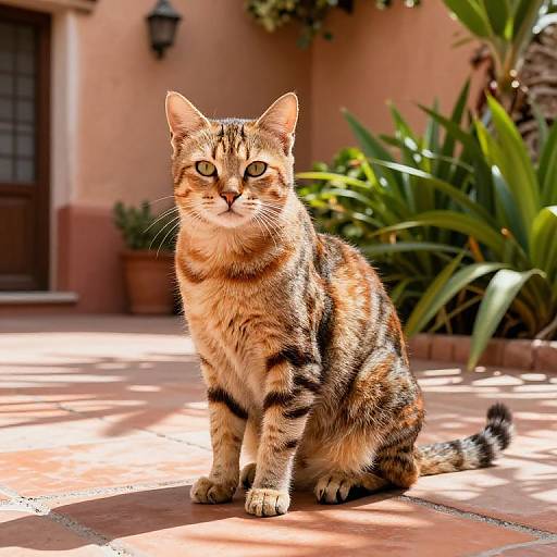 Photograph of a tabby cat with orange and black stripes sitting on a sunlit, pink-tiled patio, surrounded by green plants and a pink