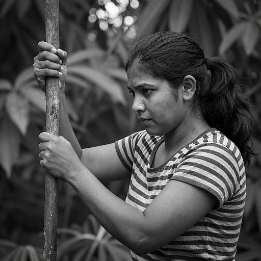 Sunlit Woman Holding Stick in Foliage