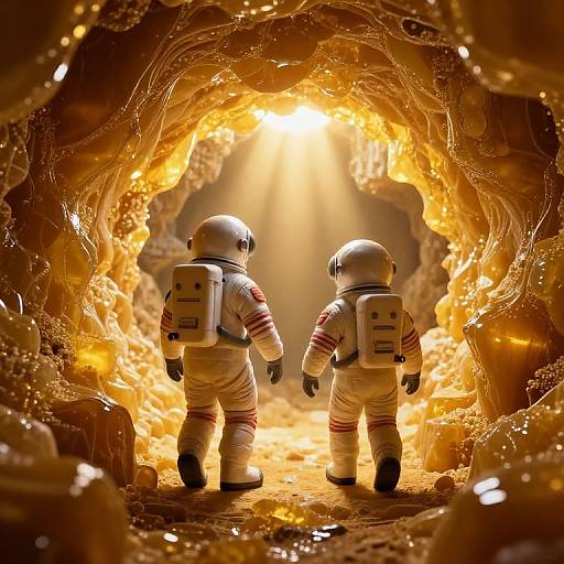 Photorealistic CGI: Two child-sized astronauts in white suits with red stripes, backpacks, and helmets walk through a glowing, golden cavern tunnel.
