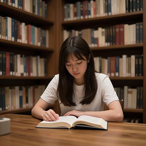Photograph of an Asian woman with straight black hair, wearing a white t-shirt, reading an open book at a wooden library table, surrounded by filled