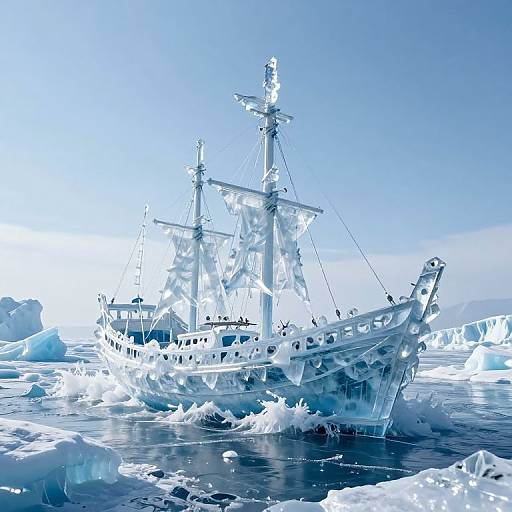 Digital artwork of a snow-covered, three-masted ship sailing through icy waters, surrounded by floating icebergs under a bright blue sky.