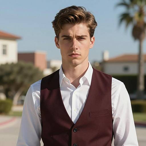Young man in white shirt and maroon vest outdoors