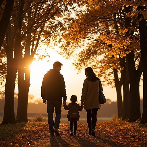 Photograph of a silhouetted family—adults and child—holding hands, walking through an autumn forest with golden leaves and a sun setting