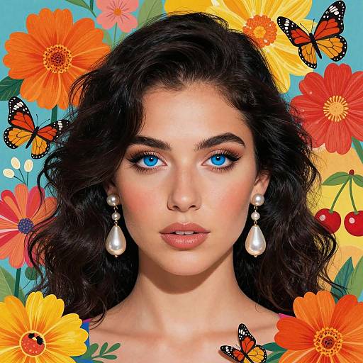 Digital portrait of a fair-skinned woman with blue eyes, wavy black hair, pearl earrings, surrounded by vibrant orange flowers and black-and-red butterflies
