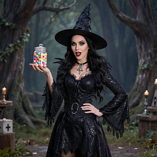 Photograph of a dark-haired witch in black lace dress and hat, holding a jar of colorful candies, in a mystical forest.