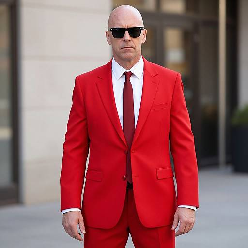 Photograph of a bald, middle-aged man in a bright red suit, white shirt, red tie, and black sunglasses, standing confidently in an urban