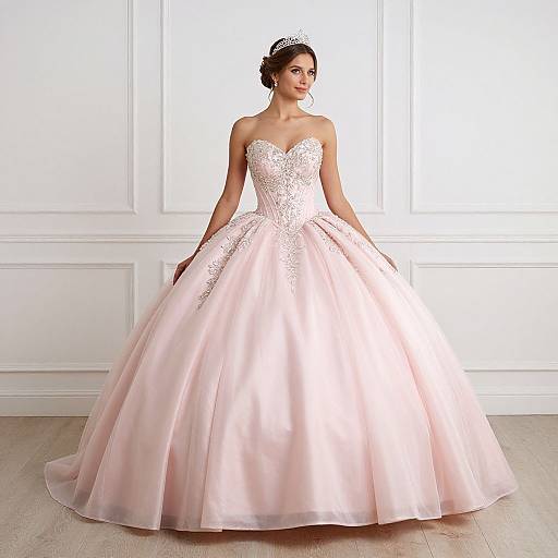 Photograph of a fair-skinned woman with dark hair in an updo, wearing a strapless, pink satin ball gown with lace bodice,