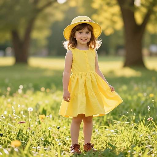 Photograph of a young girl with fair skin, brown hair, wearing a yellow dress, sunhat, and brown shoes, standing in a sunlit