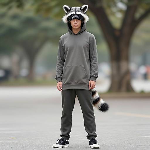 Photograph of an Asian man wearing a raccoon mask, gray hoodie, black pants, and sneakers, standing on a blurred street.
