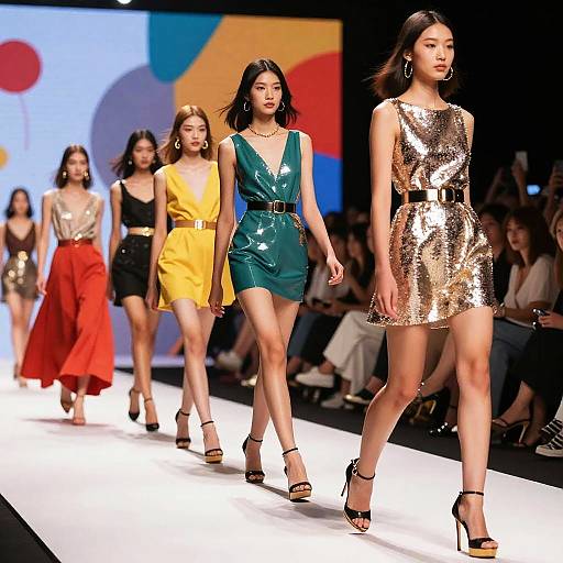 Photograph of a fashion runway show featuring five women in vibrant, sequined and metallic dresses, including a green and gold belted dress, walking on