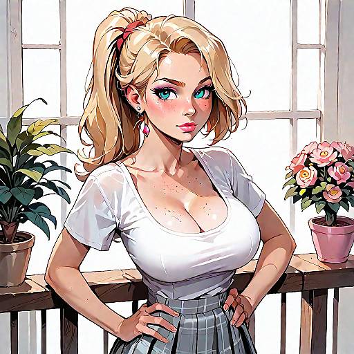 Blonde Woman in Plaid Skirt on Porch