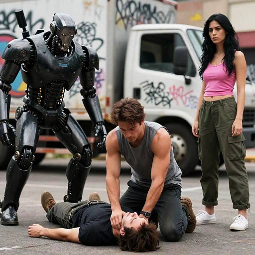 Dramatic Urban Scene with Robotic Figure