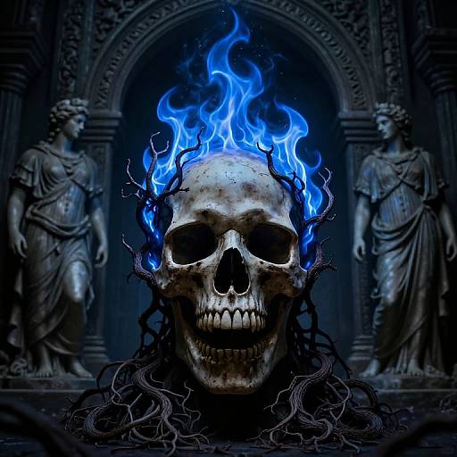 Digital art: Grim, glowing blue-flamed skull with twisted roots, centered between two stone statues in a dark, gothic archway.