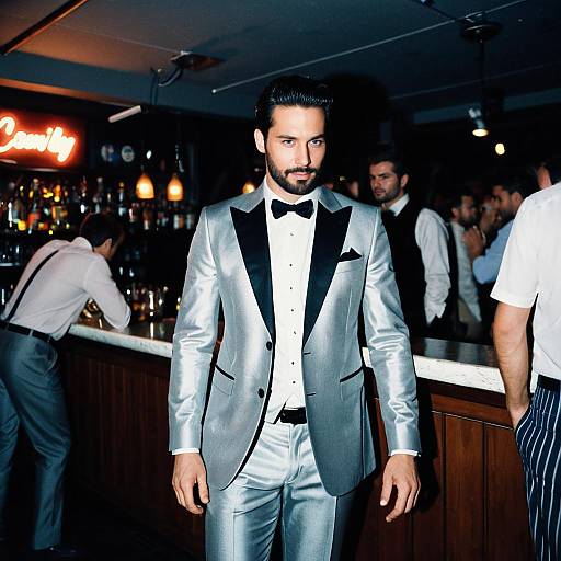 Photograph of a handsome man with dark hair and beard, wearing a silver tuxedo with black lapels, standing in a dimly lit bar