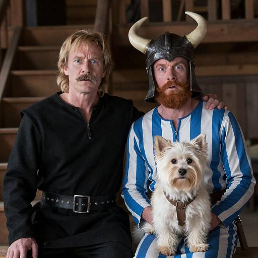 Surprised Men with Dog in Cabin