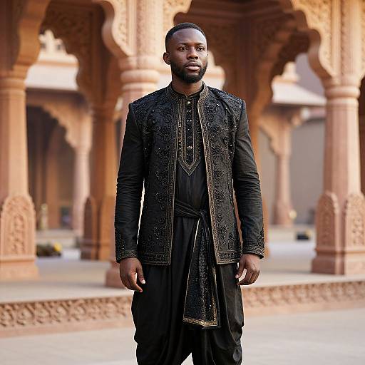 Photograph of a Black man with a shaved head and beard, wearing an ornate black vest over a black shirt, standing in a sunlit,