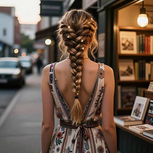 Photograph of a blonde woman with a long, intricate braid, wearing a floral dress with a deep V-back, standing in a street-side book