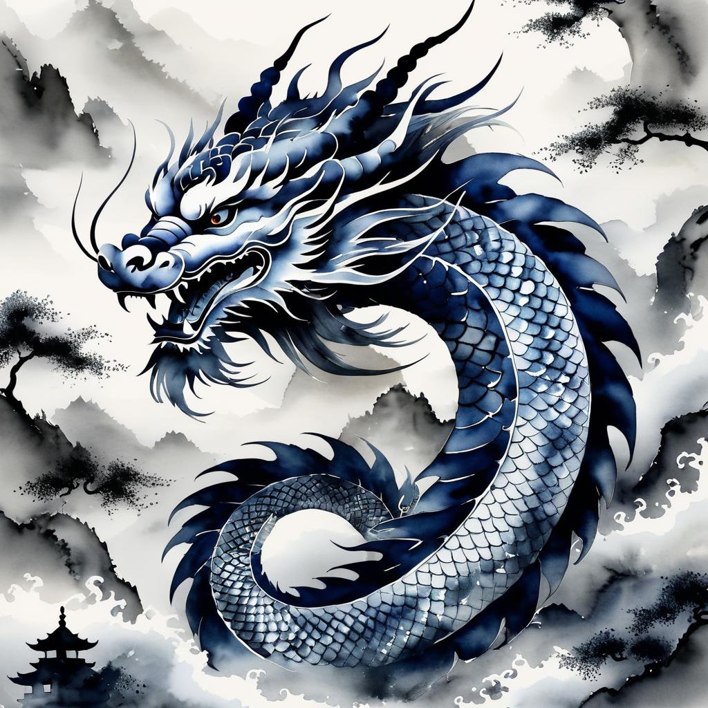 Intricate Chinese Ink Wash Dragon Art