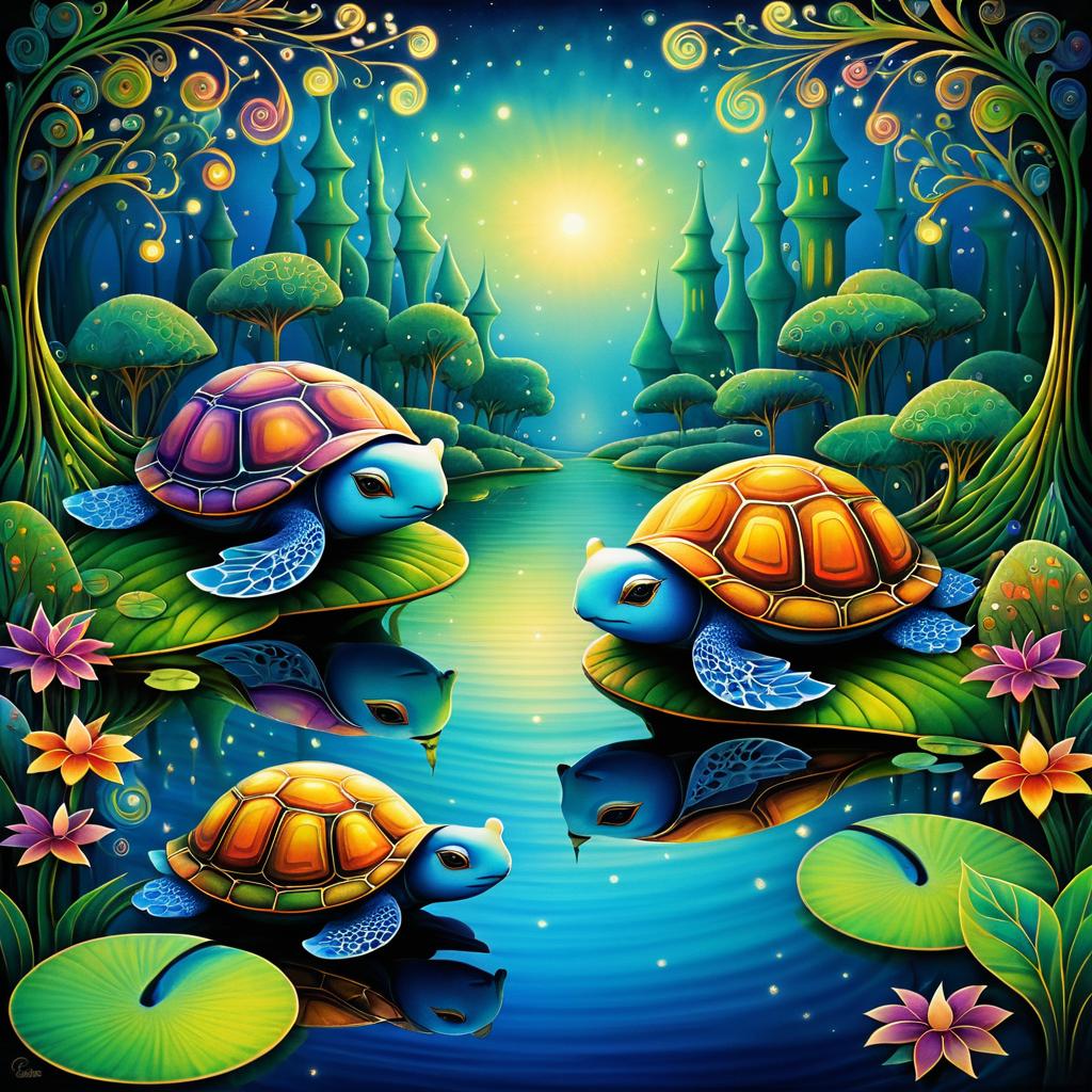 Whimsical Turtles at a Tranquil Pond