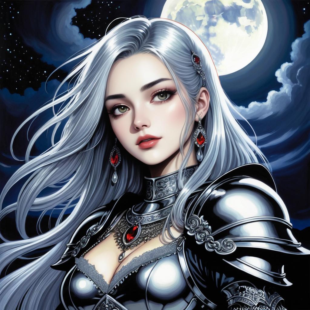 Vampire Girl in Silver Armor Under Moonlight