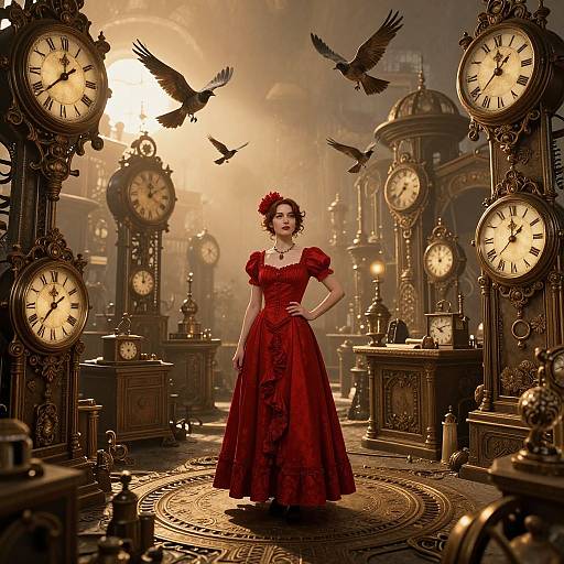 Steampunk photograph: A red-dressed woman with a flower headpiece stands in a clock-filled, ornate room with birds flying, bathed