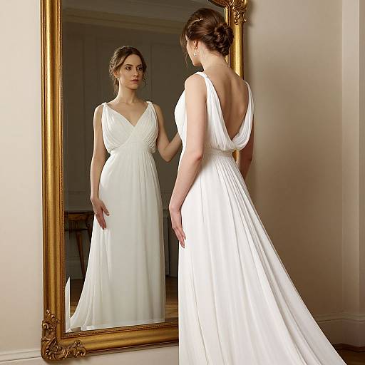Photograph of a young woman with brown hair in a white, V-neck, backless wedding gown, standing in front of an ornate gold-fr