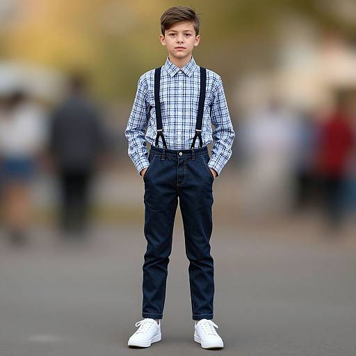 Photograph of a young boy in a blue checkered shirt, black suspenders, black pants, and white sneakers, standing confidently on a blurred street