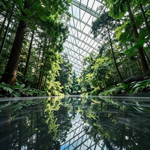 Photograph of a lush, sunlit indoor rainforest with tall trees, dense foliage, and a reflective black water pool beneath a glass ceiling.