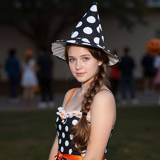Photograph of a young girl with fair skin, long brown braid, wearing a black polka dot witch hat and matching dress with orange straps and