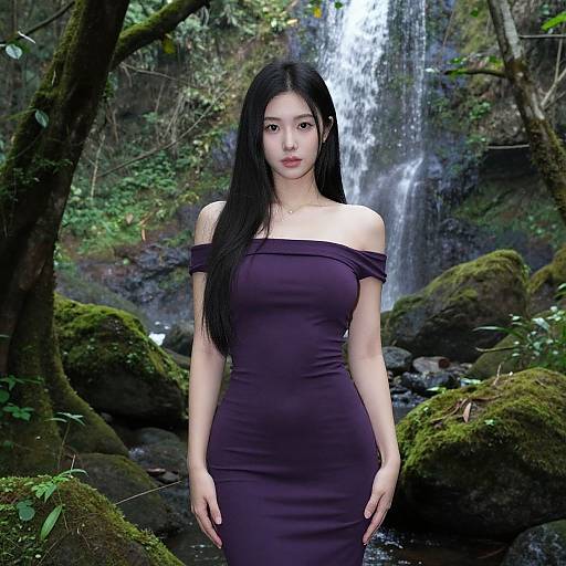 Digital art of an Asian woman with long black hair, wearing an off-shoulder purple dress, standing in a lush forest by a waterfall.
