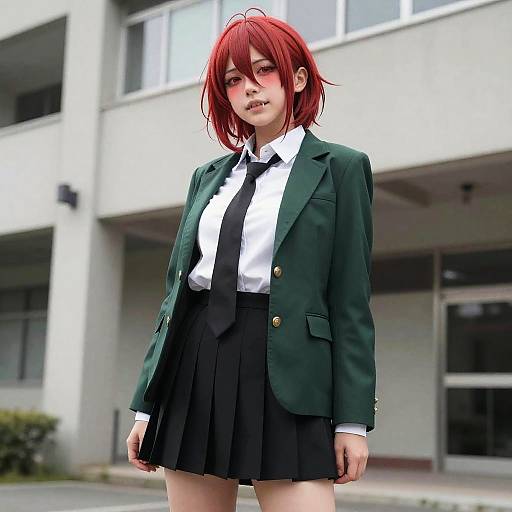 CGI anime-style girl with red hair, green blazer, white shirt, black tie, and pleated skirt, standing in front of a modern