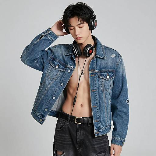 Young Man in Denim Jacket with Headphones