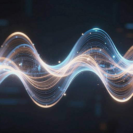 Photograph of wavy light trails in white and blue against a dark background, with sparkling points of light along the curves.