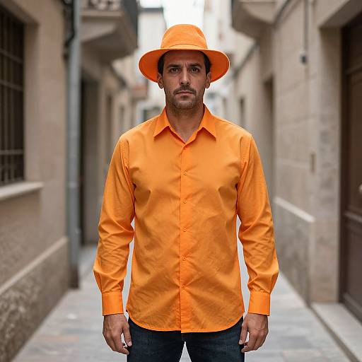 Photograph of a serious-looking man in an orange shirt and matching hat, standing in a narrow, urban alleyway.
