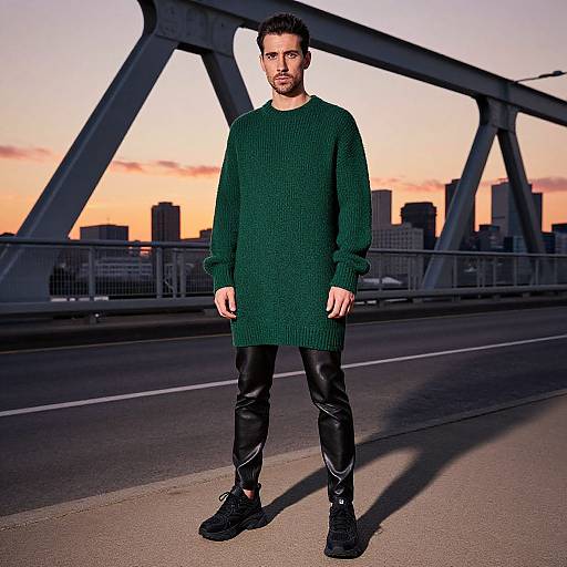 Photograph of a bearded man with short black hair, wearing a dark green knit sweater, black leather pants, and black boots, standing on a