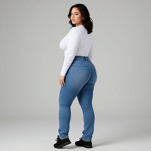 Photograph of a curvy woman with medium skin tone, black wavy hair, wearing a white long-sleeve top, blue jeans, and