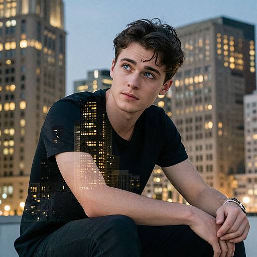 Photograph of a young man with fair skin and dark, wavy hair, wearing a black, sequined t-shirt, sitting pensively against a
