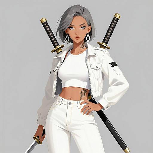 Stylish Young Woman with Katanas