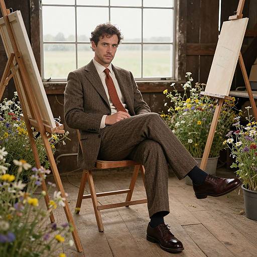 Photograph of a curly-haired man in a brown pinstripe suit, white shirt, and red tie, sitting confidently on a wooden chair in a