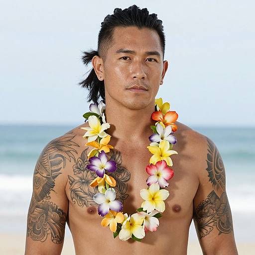 Photograph of a shirtless Asian man with tattoos, black hair in a ponytail, wearing a colorful flower lei, standing on a beach.