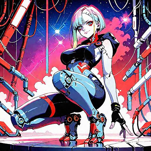 Cyberpunk Robot Girl in Cosmic Scene