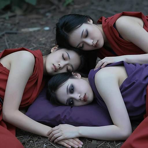 Three Women Resting in Vibrant Fabrics