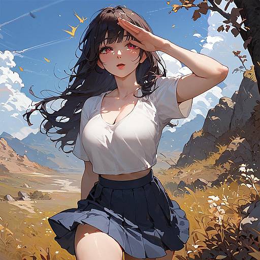 Anime Girl Saluting Outdoors