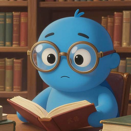 Cartoon blue baby with large round glasses, reading a book in a wooden library, looking surprised. Colorful bookshelves in background.