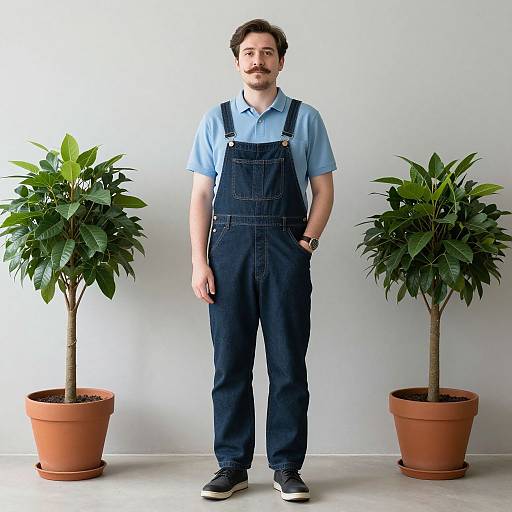 Photograph of a bearded man with short brown hair, wearing blue shirt and black denim overalls, standing between two potted plants.