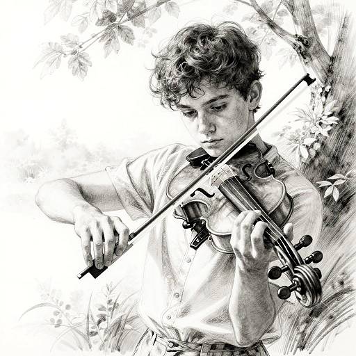 Emotional Sketch of Young Violinist Playing Outdoors