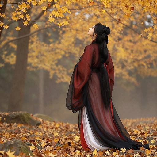 Digital artwork of an Asian woman in a long, flowing black and red kimono, standing amidst autumn leaves, looking up at golden trees.