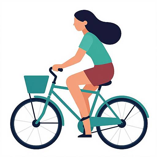 Digital illustration of a woman with long black hair, wearing a green shirt and red shorts, riding a teal bicycle on a white background.
